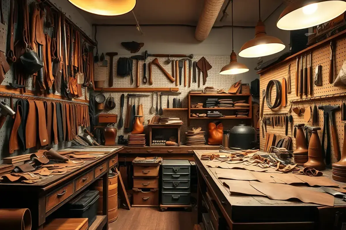 Leather workshop with tools and craftsman working on restoration